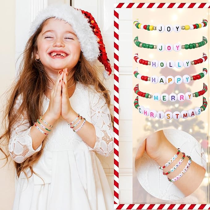 Cunno 36 Pcs Kids Friendship Bracelets for Girls Letter Heart Beads Bracelets Stretchy Cute Bracelet Pretend Play Beaded Bracelets Inspirational Bracelets for Kids (Jingle Bells)