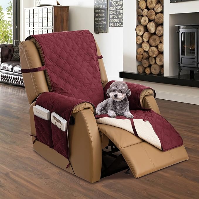 TOMORO Non-Slip Quilted Recliner Cover, 100% Waterproof Recliner Chair Slipcover Furniture Protector with Pockets, Washable Couch Cover with Elastic Straps for Kids and Pets，23 Inch