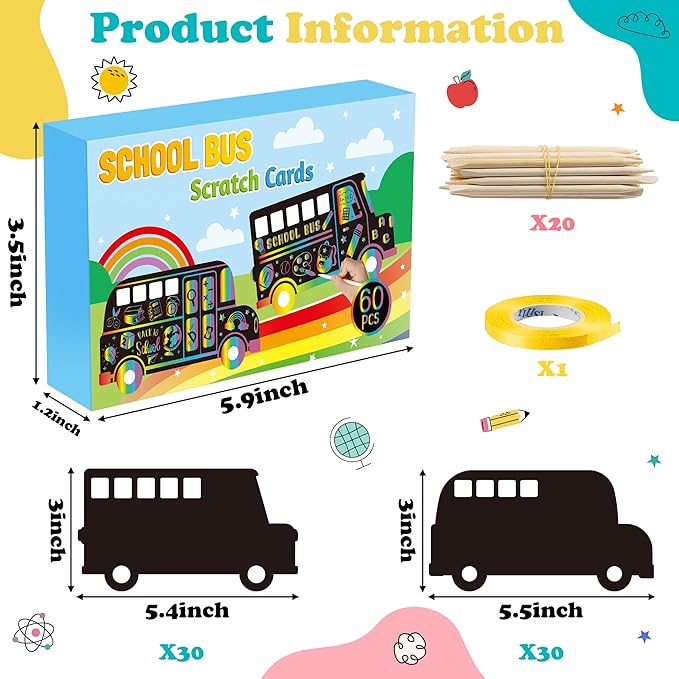 B1ykin School Bus Scratch Cards Gift - Back to School Magic Bus Scratch Paper Art Kit for Kids, DIY First Day of School Scratch Off Hanging Card Party Favors for Classroom Activity Art Project