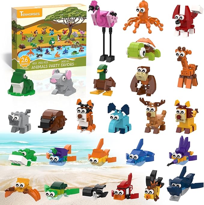 Tenhorses Party Favors for Kids Building Set, 26 Pack Animals Building Block Toys Valentines Classroom Prizes Goodie Bags, Easter Basket Stuffers Christmas Birthday Gift for Kids 8-12 (803PCS)