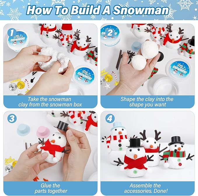 EOBOH 48 Pack Christmas Snowman Craft Kit, DIY Snowman Crafts for Kids, Build a Snowman Kit Indoor Decor, Creative Air Dry Modeling Clay, Xmas Snowman Making Kit Gift Toys for Holiday Party Supplies