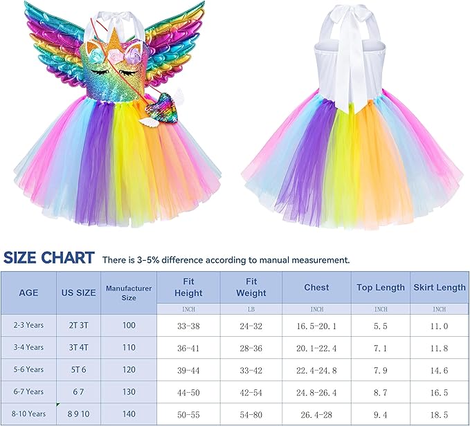 Sequin Unicorn Costume Tutu for Girls Halloween Birthday Party Dress Up with Accessories 2-9 Years