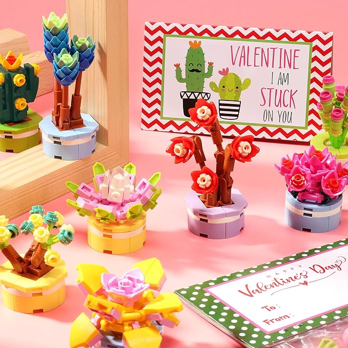 Asoulin Valentines Day Gifts for Kids, 24 Pack Succulents Plants Building Blocks with Valentines Day Cards for Kids School Classroom, Class Valentines Gift Exchange Valentine Basket Stuffers Fillers