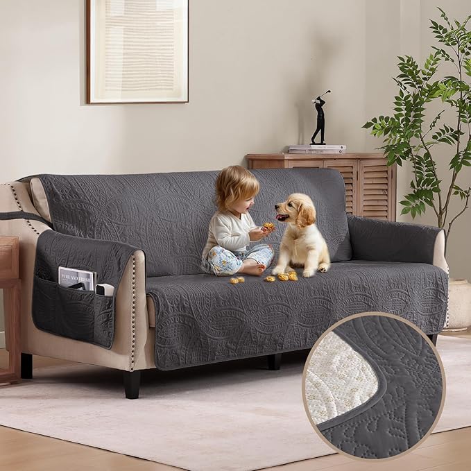 Quilted Grand Sofa Covers Washable, Couch Cover for Grand Sofa, Soft Cozy Couch Protector for 4 Cushion Couch, Oversized Grand Sofa Slipcovers Water-Repellent (Grand Sofa 88", Gray)