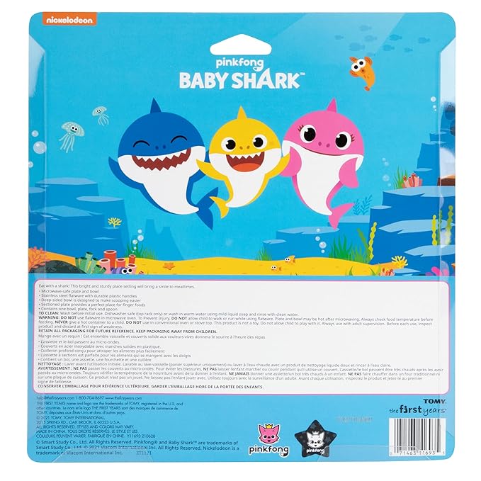 The First Years Baby Shark Dinnerware Set - Toddler Plates and Bowls Set - Includes 1 Toddler Plate, Toddler Bowl, and Toddler Fork and Spoon - 4 Count