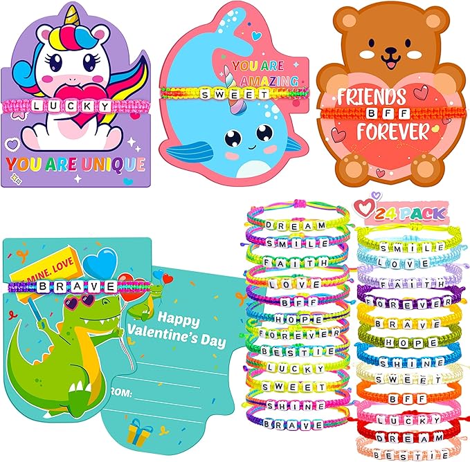 Valentines Day Cards for Kids School with Bracelets 24 Pack, Valentines Day Gifts for Kids Classroom with Friendship Bead Bracelets, Exchange Gift Valentine Party Favors for Kids Girls Boys