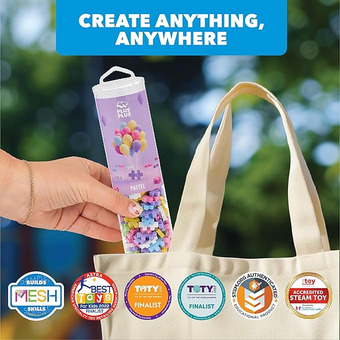 PLUS PLUS 240 Piece Interlocking Building Blocks for Kids, Open Ended Connecting Toys, STEM Bin Classroom Mini Manipulatives - Pastel Mix Play Tube