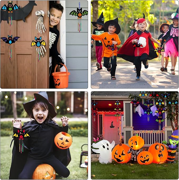 9 Pack Wind Chime Kit for Kids,Halloween Craft Kits Wooden Bat Wind Chime Decorative Hanging Ornaments DIY Painting Craft for Boys Girls Family Activities Halloween Party Supplies