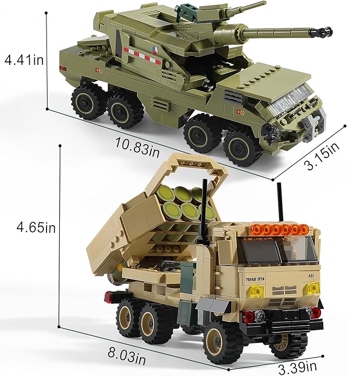 Military Vehicles Building Blocks Sets Compatible with Lego, Includes 2 Army Armored Trucks Toy Models - US M142 HIMARS & Dana M2, Great Army Toys Gift for Boys, Kids, and Teens Ages 8-14