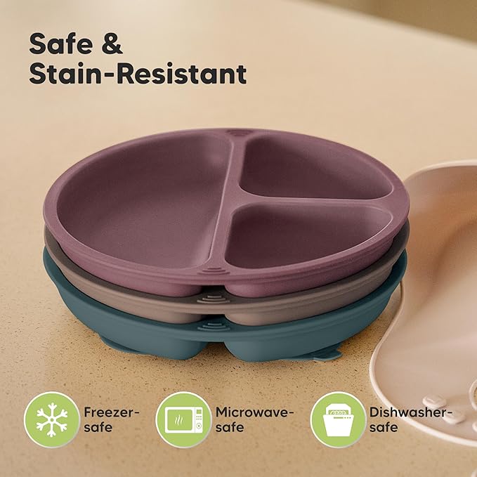 KeaBabies Suction Plates for Baby, Toddler - 3-Pack 100% Silicone Toddler Plates, Divided Baby Plates with Suction, Silicone Plates for Baby, Kids, BPA-Free, Microwave, Dishwasher Safe (Rocky)