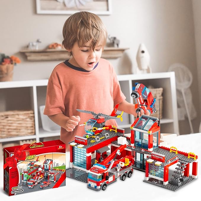 QLT QIAOLETONG City Fire Station Building Kit, 774 Pcs Building Set Including Fire Station, Fire Truck, Fire Helicopter,Fire Fighter, City Building Blocks STEM Toys Gift for Boys 6-10 Years Old.