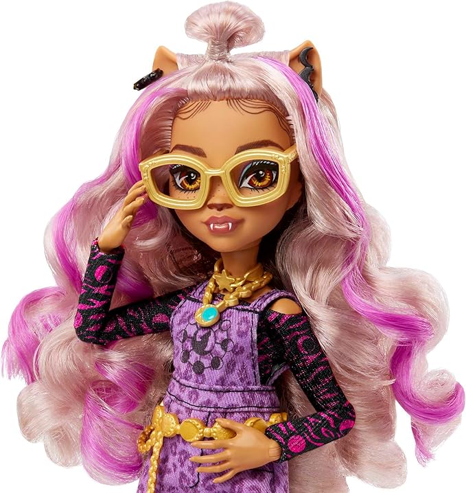Monster High Doll, Clawdeen Wolf with Purple Streaked Hair in Signature Look with Fashion Accessories & Pet Dog Crescent