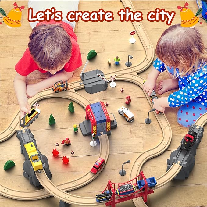 Giant bean 72PCS Fire Station Wooden Train Tracks & Train Set, Gift Packed Toy Railway Kits for Kids, Toddler Boys and Girls 3,4,5 Years Old and Up, Christmas Birthday Gift Toy for Kids