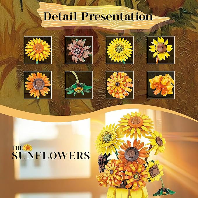Sunflower Building Set Flowers with Vase Van Gogh Botanical Collection for Adult -1009pcs Compatible with Lego