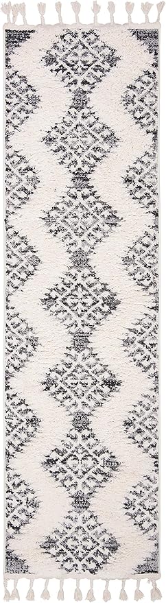 SAFAVIEH Moroccan Tassel Shag Collection Runner Rug - 2'3" x 14', Ivory & Grey, Boho Design, Non-Shedding & Easy Care, 2-inch Thick Ideal for High Traffic Areas in Living Room, Bedroom (MTS652F)