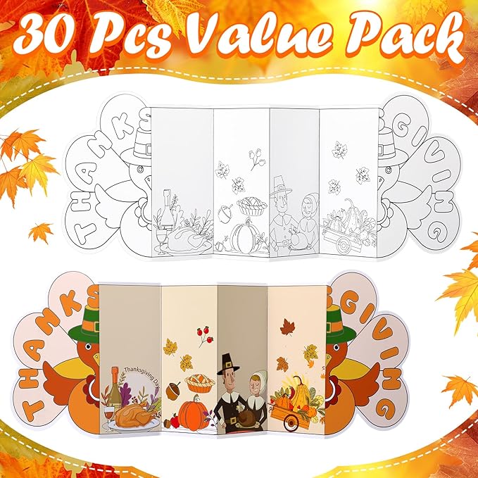 Motipuns 30 Pcs Thanksgiving Gift for Kids Turkey Coloring Crafts Color Your Own Turkey Greeting Cards Fall Pumpkin Paper DIY Craft Kits Thanksgiving Decor for School Games Activities Party Supplies