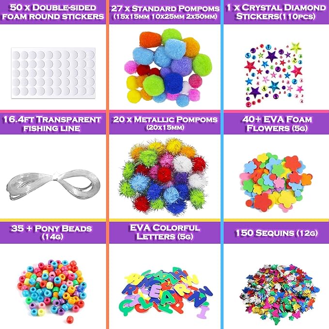 MOISO Kids Crafts and Art Supplies Jar Kit - 560+ Piece Set - Make Bracelets and Necklaces - Plus Glitter Glue, Construction Paper, Colored Popsicle Sticks, Eyes, Pipe Cleaners…