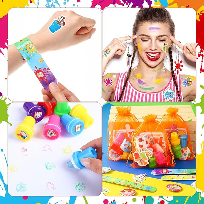 Seajan 122 Pcs Valentines Day Paint Party Favors DIY Mini Watercolor Set Slap Bracelet Art Painting Key Chain Button Badge Stamper Tattoo Sticker for Valentine's Exchange Classroom Gifts Bulk