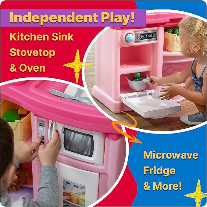 Step2 Fun with Friends Kids Kitchen Playset, Indoor/Outdoor Kitchenette, Interactive Play with Lights and Sounds, Durable Plastic, Includes 25 Piece Toy Accessories, Toddlers 2+ Years Old, Gray