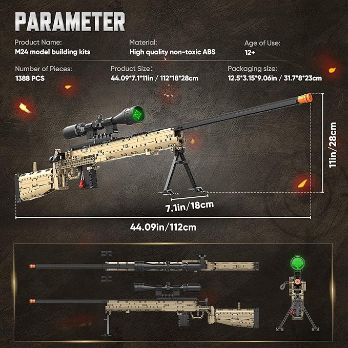 Building Block Gun Model Toys for Adults, 1388 Pcs 1:1 M24 Building Set Guns Model Toys for Adults Boys Teens Age 12+, Christmas and Birthday for Military Enthusiasts