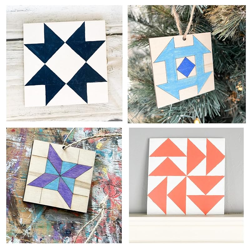 Set of 4 Barn Quilt Kit DIY Pattern Unfinished Wood Quilting Block Sign Paintable Art for Adults and Kids (6 Inches Square) (HST Friendship Star, Dutch Square, Flying Geese)