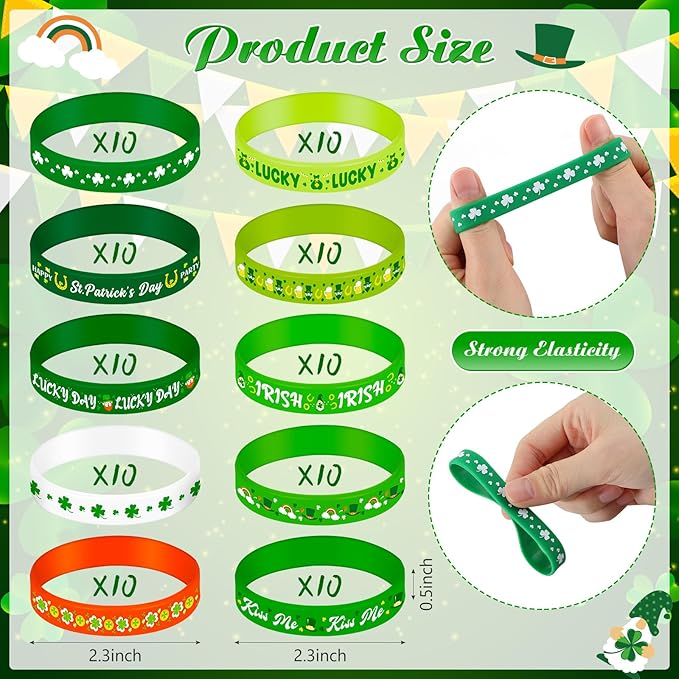 Wettarn 100 Pcs St. Patrick's Day Rubber Wristbands St. Patricks Day Silicone Bracelet Shamrock St Patricks Day Bracelets Green Rubber for St. Patrick's Day Party Favors Supplies School Gift Supplies