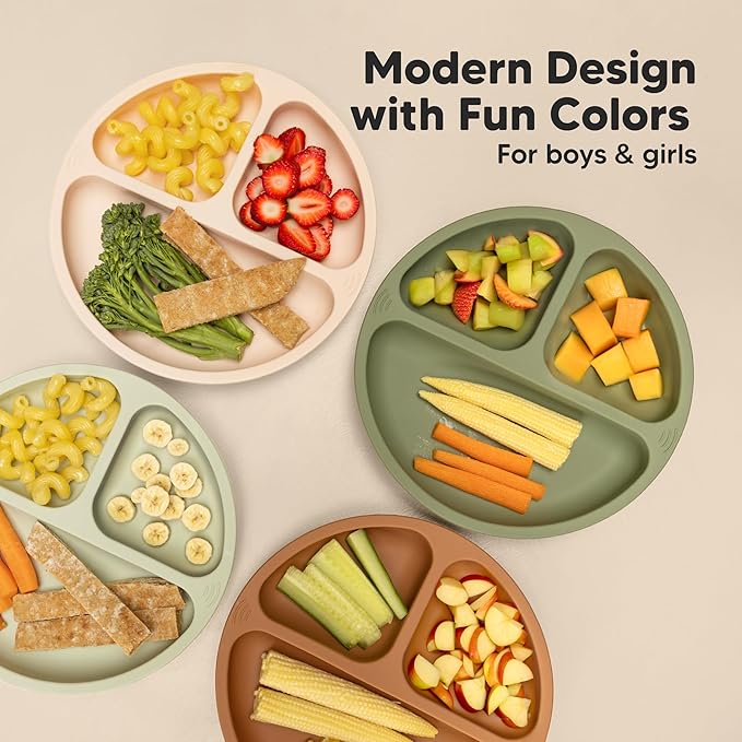 KeaBabies Suction Plates for Baby, Toddler - 3-Pack 100% Silicone Toddler Plates, Divided Baby Plates with Suction, Silicone Plates for Baby, Kids, BPA-Free, Microwave, Dishwasher Safe (Amethyst)