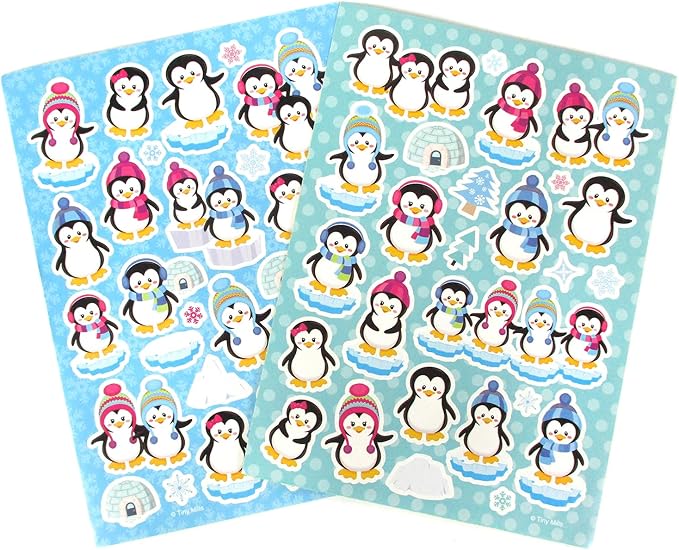 TINYMILLS Penguins Birthday Party Favor Set (12 multi-point pencils, 12 stampers, 12 sticker sheets, 12 small spiral notepads) Winter Party Favors for Classrooms