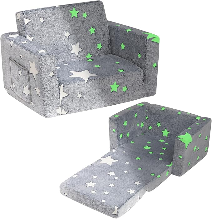 ALIMORDEN 2-in-1 Flip Out Cuddly Sherpa Toddler Couch, Convertible Sofa to Lounger, Star
