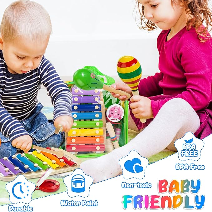 Kids Musical Instruments, Wooden Musical Toys Set for Toddlers with Xylophone Maracas Tambourine, Educational Montessori Toys for 3 4 5 Years Old Girls Boys