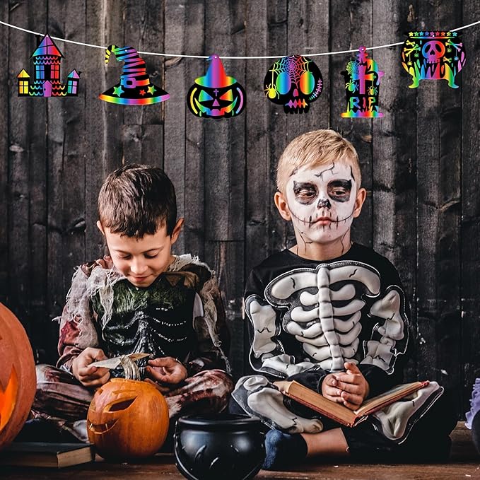 Leesgel Halloween Scratch Art Paper for Kids, 60Pcs Magic DIY Crafts Kit Halloween Party Decorations Supplies, Pumpkin Skull Bat Scratch Crafts Birthdays Party Favor Educational Toys