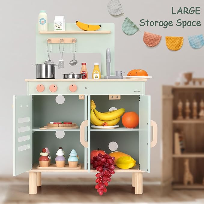 Play Kitchen for Kids, Wooden Toy Kitchen with Cookware Accessories, Chef Pretend Toddler Kitchen Playset, Best Gift for Girls & Boys Ages 3+