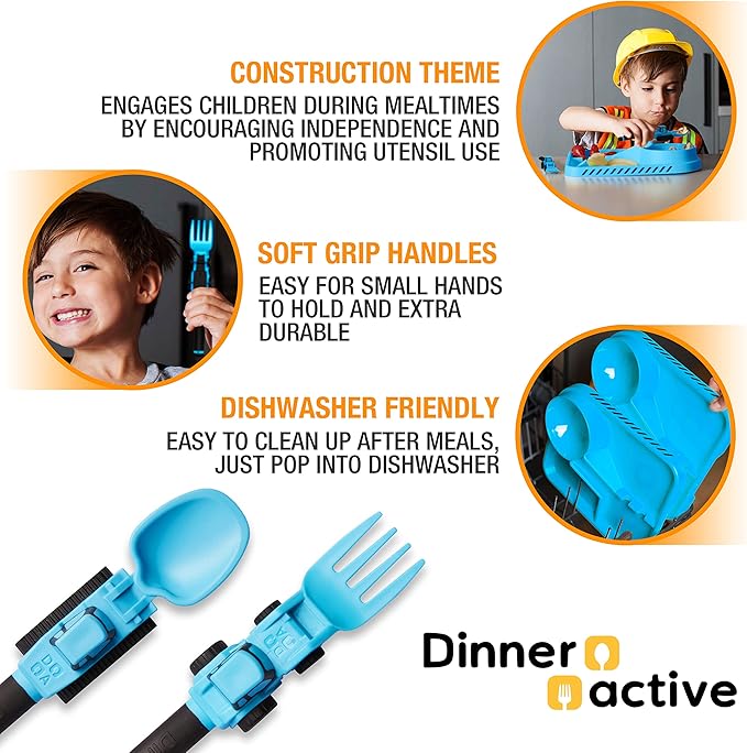 Dinneractive Utensil Set for Kids – Construction Themed Toddler Forks and Spoons, Toddler Utensils – 2-Piece Set – Blue Construction Utensils for Toddlers - Loader & Tractor Toddler Spoons and Forks