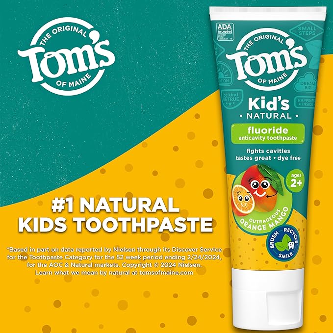 Tom's of Maine ADA Approved Fluoride Children's Toothpaste, Natural Toothpaste, Dye Free, No Artificial Preservatives, Outrageous Orange Mango, 5.1 oz. 3-Pack (Packaging May Vary)
