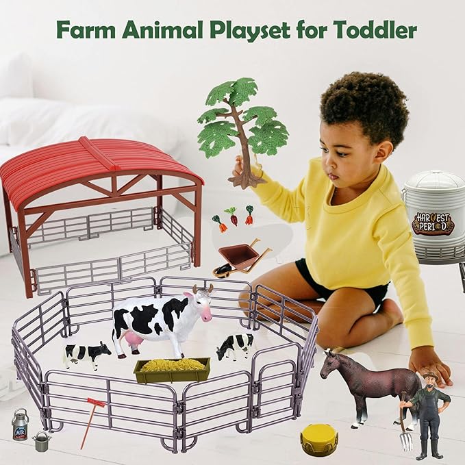 Farm Animals Toys Set Barn Toy Combine Harvester Tractor with Trailer Horse Stable Grain Bins Horse Cow Farmer Figures Fence Playset for Kids Toddlers Boy Girl 3-7 Years Old