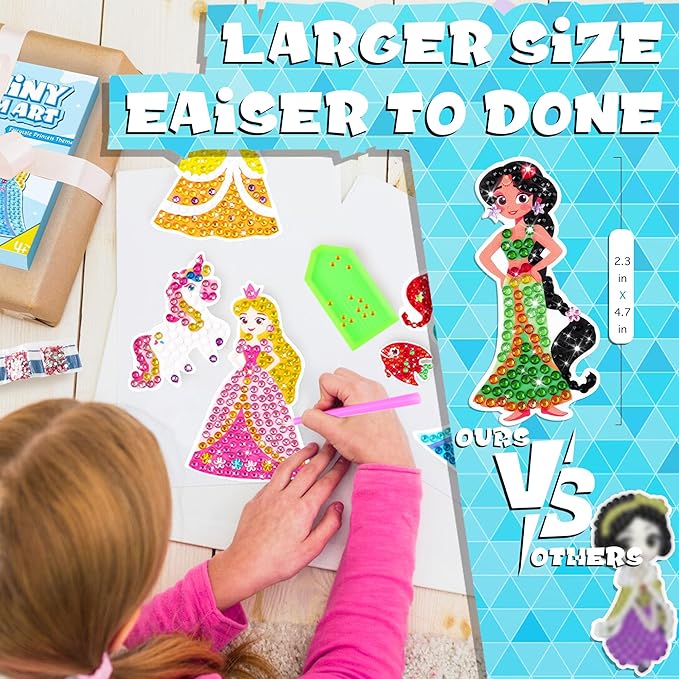 sinceroduct Diamond Art Kits for Kids with 6 Princess and Animals Stickers, 3 Gem Art Keychains and Suncatchers, Make Your Own Arts & Crafts, Christmas and Birthday Gifts for Girls Aged 4-8+