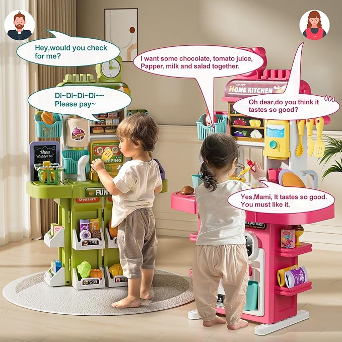 Shopping Supermarket Playset - Kids Grocery Store Pretend Play Toy for Ages 3-8 Girls Boys Unisex Children, Toy Cash Register with Scanner - Role-Playing Toys Fun (Shopping Pink)