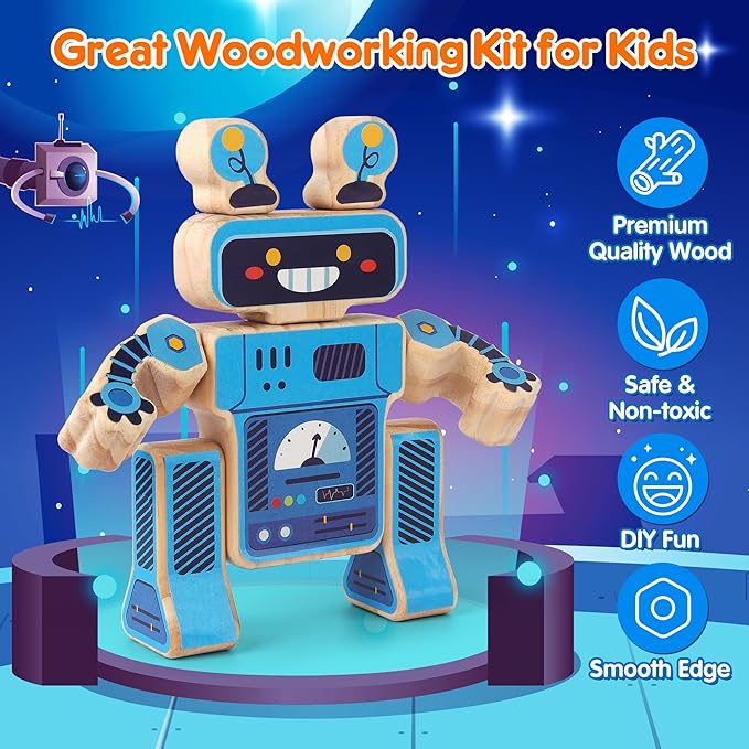 Mocoosy 4 Wooden Robot Toys for Kids Ages 3-5, Building & Painting Your Own Robot Craft Kit with Paints and Stickers, Wood Robot Painting Art Supplies Educational Gift for 6 8 10 12 Years Old