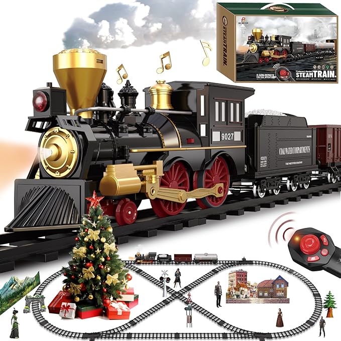 Train Set for Kids Remote Control Train Toys w/Steam Locomotive, Fuel Tank Car & Luxury Tracks, Electric Trains w/Realistic Smoke,Sounds & Lights, Christmas Birthday Gift for Boys Girls 3 4 5 6 7+