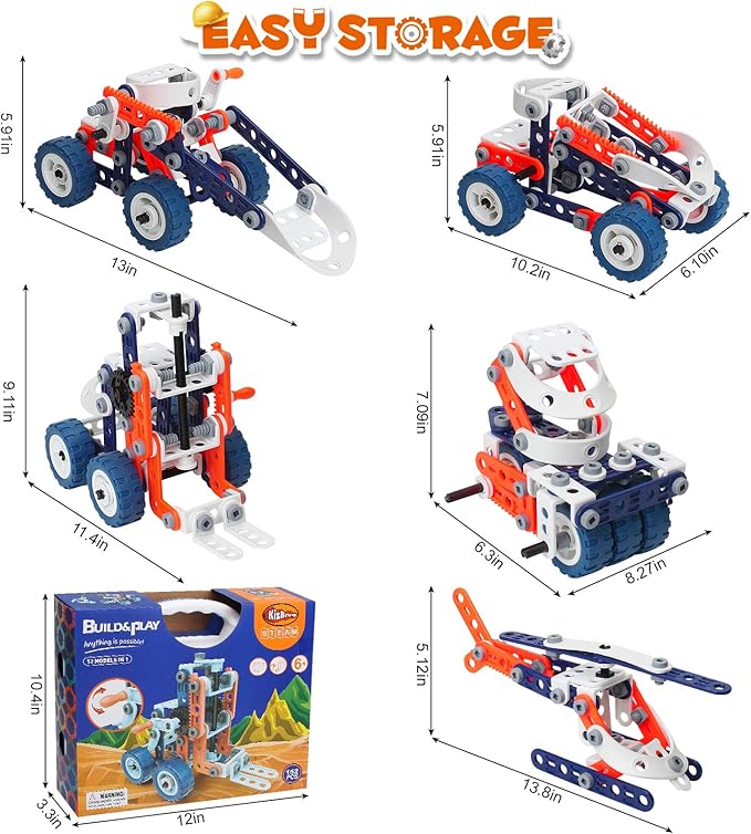 Building Toys for Boys Age 8-12, Boys Toys Age 6-8, Erector Set for Boys 6-8, 152PCS DIY 12 in 1 STEM Toys for 7 8 9 Year Old Boy, Engineering Building Toys for 10 11 12 Year Old