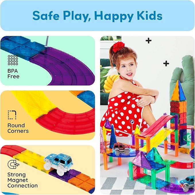 PicassoTiles 50 Piece Race Car Track Building Block Educational Toy Set Magnetic Tiles Magnet DIY Playset 2 Light Up STEM Learning Construction Kit Hand-Eye Coordination Fine Motor Skill Training