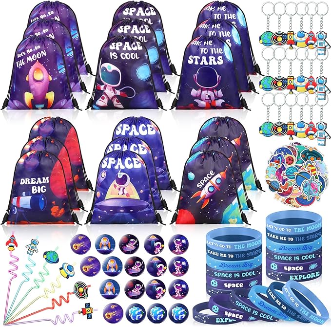 Sadnyy 140 Pcs Space Party Favors Outer Space Party Gift Bulk Galaxy Drawstring Backpack with Silicone Bracelet Straws Keychains Pin Badges Stickers for Christmas Space Party Theme Birthday Supplies