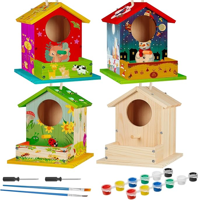 Liliful 4 Pack Wooden Birdhouse Kit DIY Bird House with Paint and Paintbrushes Art and Crafts Painting Kits for Boys Girls Adults Build Paint Classroom Birthday Indoor Outdoor Craft