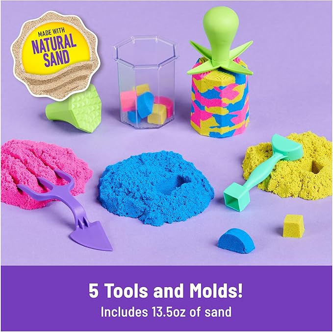 Kinetic Sand, Squish N’ Create Playset with 13.5oz Blue, Yellow & Pink Play Sand, 5 Tools, Sensory Toys for Kids Ages 3 and up