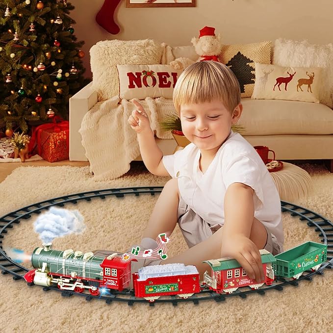 JUQU Train Set, Electric Train Set w/Smoke, Light and Xmas Sounds, Christmas Tree Train Toys w/Steam Locomotive Engine, Toddler Train Sets for Boys 4-8, for Kids Ages 3 4 5 6