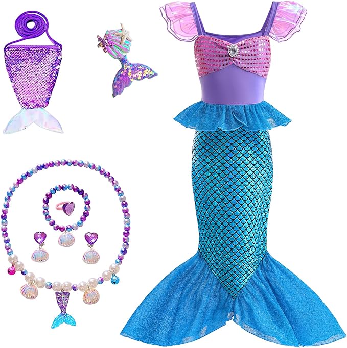 Little Girls Princess Mermaid Costume for Girls Dress Up with Accessory for Christmas Birthday Party Supplies Purple-Blue