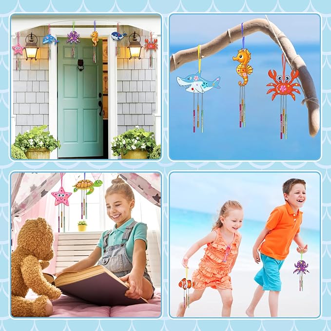 Fennoral 9 Pack Wind Chime Kit for Kids Make Your Own Ocean Animals Wind Chime Wooden Arts and Crafts for Girls Boys Ornaments DIY Coloring Sea Animals Craft for Art Activity Summer Party Decoration