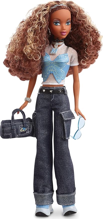 Barbie Signature My Scene Madison Doll & Accessories, Y2K-Inspired Outfit with Butterfly Top, Cargo Jeans, Denim Bag & Display Stand