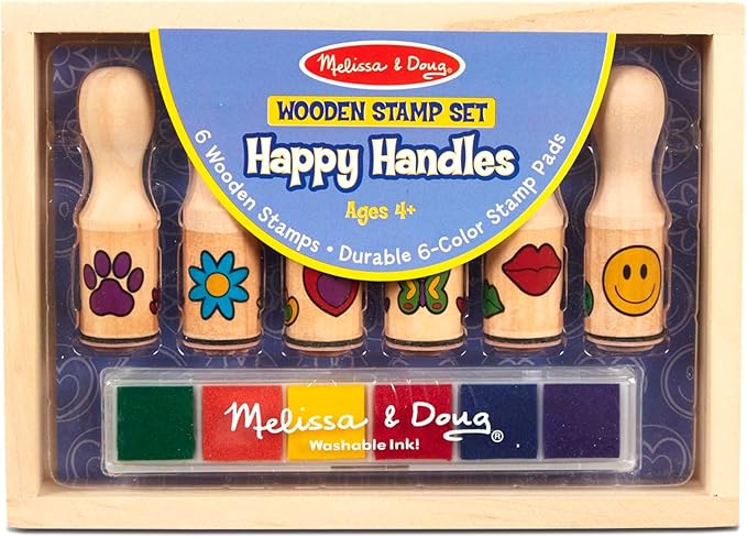 Melissa & Doug Happy Handles Wooden Stamp Set: 6 Stamps and 6-Color Stamp Pad - Kids Stamp Packs With Washable Ink, Easy To Hold Stampers For Kids Ages 4+