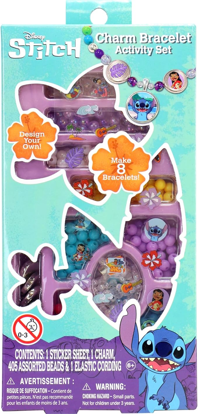 Disney Stitch Charm Bracelet Activity Set, 408-Piece Jewelry Making Kit, Preschool Arts and Crafts, Friendship Bracelets, Kids Toys for Ages 3 Up